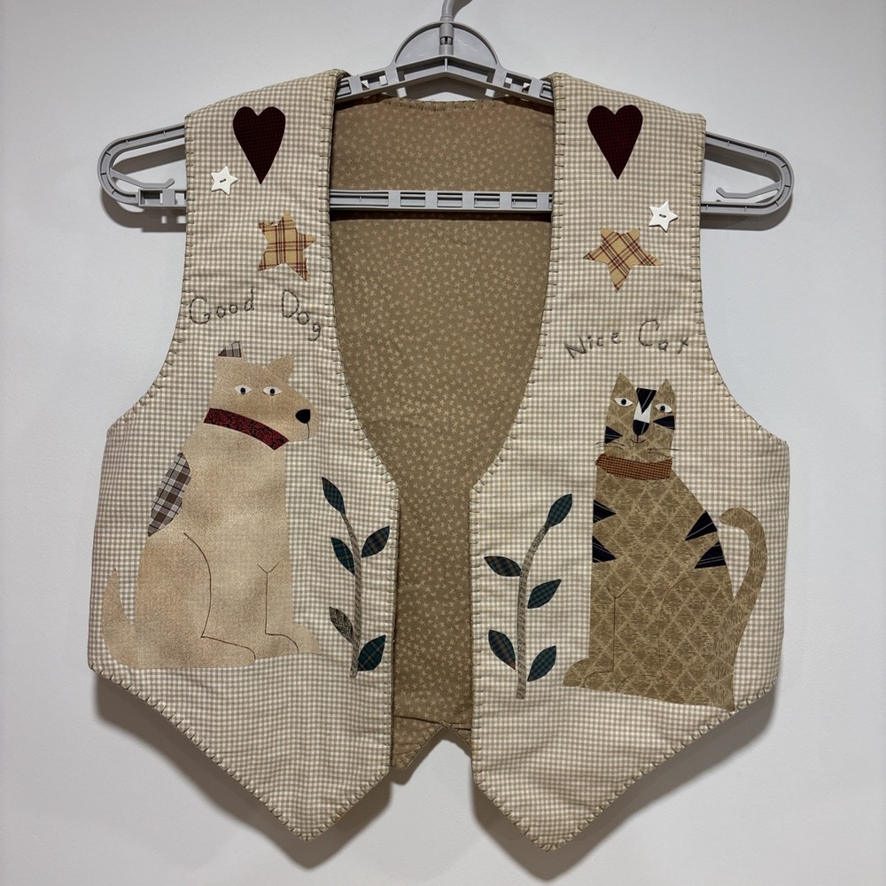 Cat Dog Handmade Reversible Vest Quilted Stitched Cottage Core‎ Fun Buttons